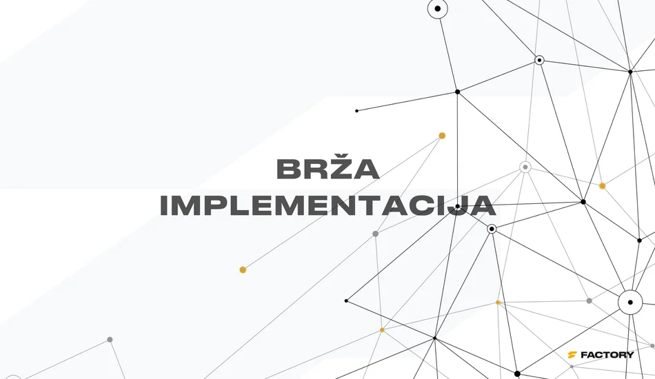 Vizual s porukom Brža implementacija, koji ističe brži put do Business Central ERP sustava kroz jasne korake, pripremljene module i kontroliran proces.
